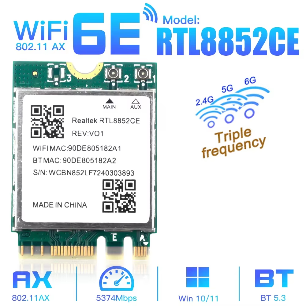 Thẻ mạng WiFi 6E RTL8852CE WiFi 6E M.2, tốc độ 5400Mbps, chuẩn 802.11AX, Bluetooth 5.3, hỗ trợ 2.4G/