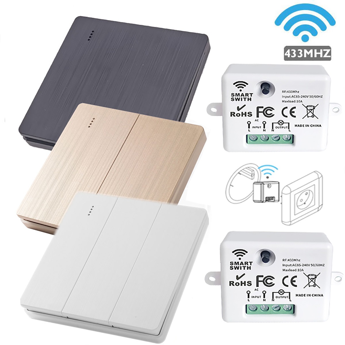 Mới 86 Bảng Điều Khiển RF 433 MHz 1 / 2 / 3Gang Công Tắc Thông Minh Từ Xa Không Dây Cho Đèn LED & Qu