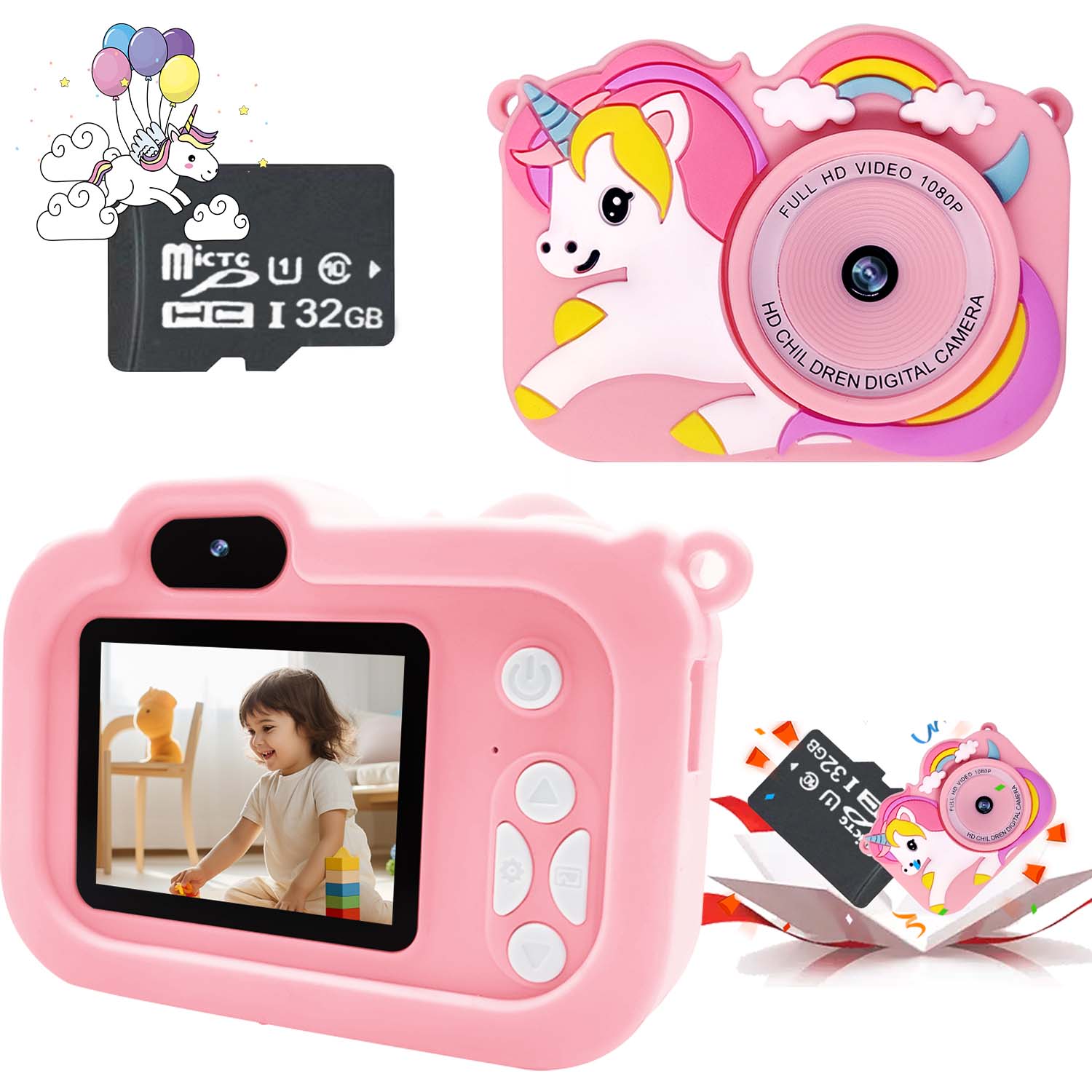 Máy ảnh kỹ thuật số cho trẻ em, đồ chơi selfie quay video HD 1080P kèm thẻ nhớ 32GB, quà tặng