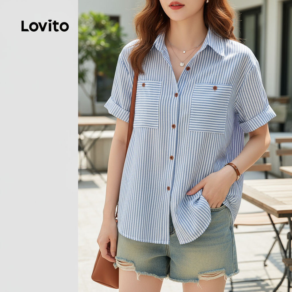 Lovito Áo sơ mi nữ thiết kế thanh lịch, sọc nút trước, nhiều màu LNE24126