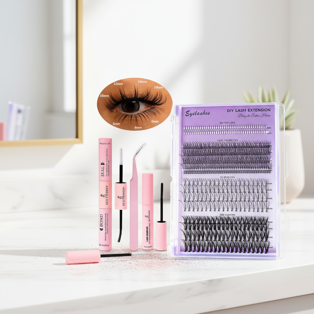 Bộ dụng cụ nối mi DIY 404 món, bao gồm keo dán, keo bịt kín và dung dịch tẩy.