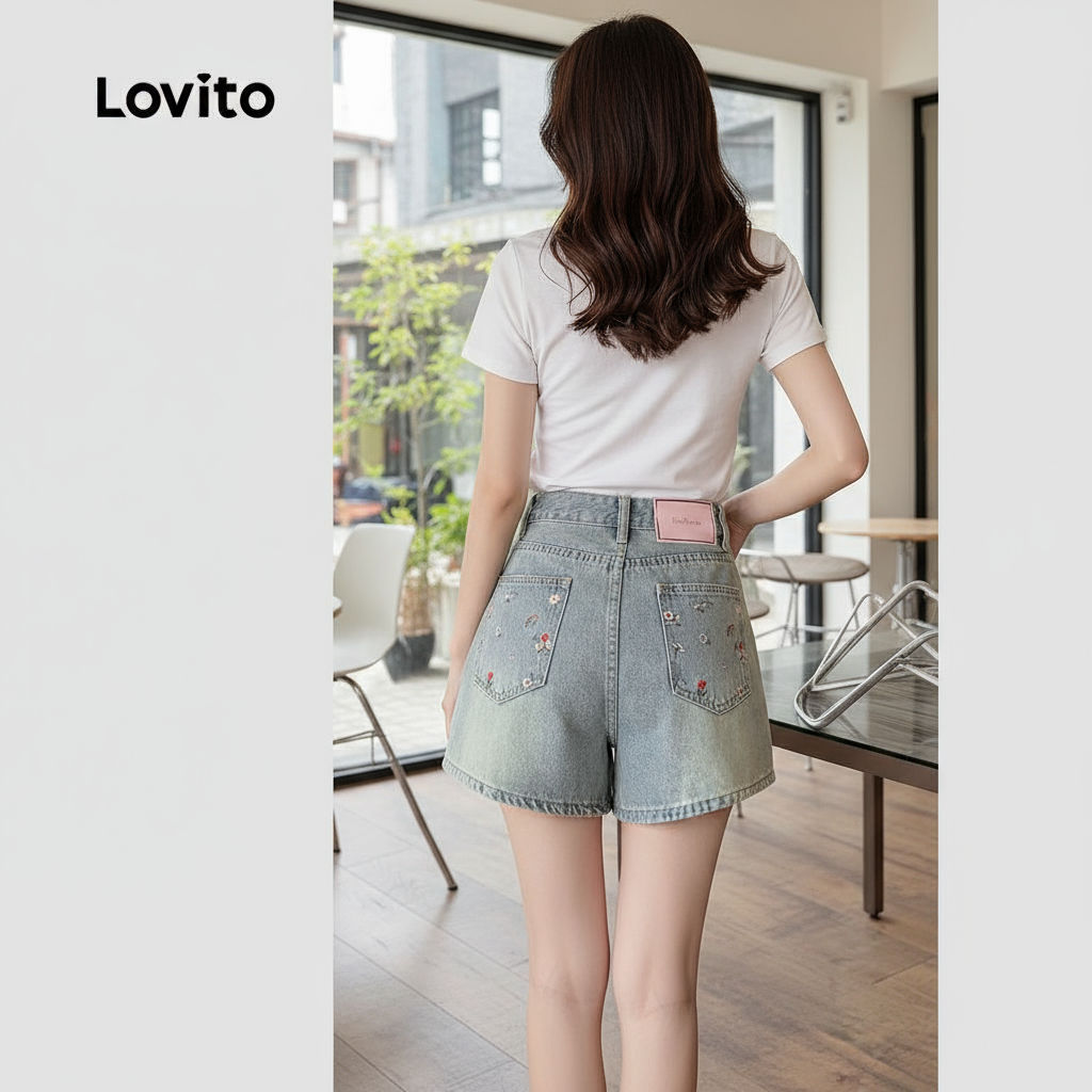 Lovito Quần ngắn Denim thêu túi cho nữ mùa hè xuân, kiểu dáng đơn giản L125AD221