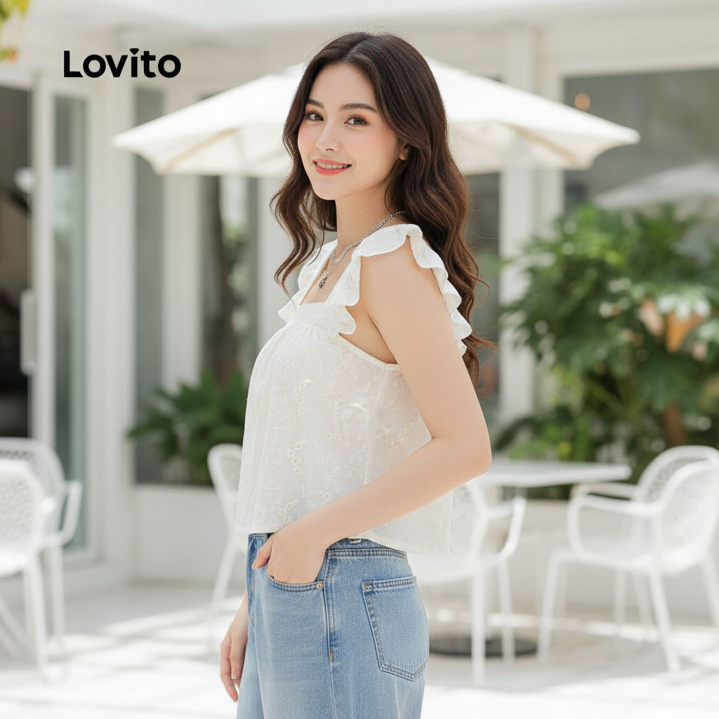 Lovito Áo sơ mi Boho Thêu lỗ Dây cấu trúc Xuân/Hè Áo sơ mi trắng L149ED235