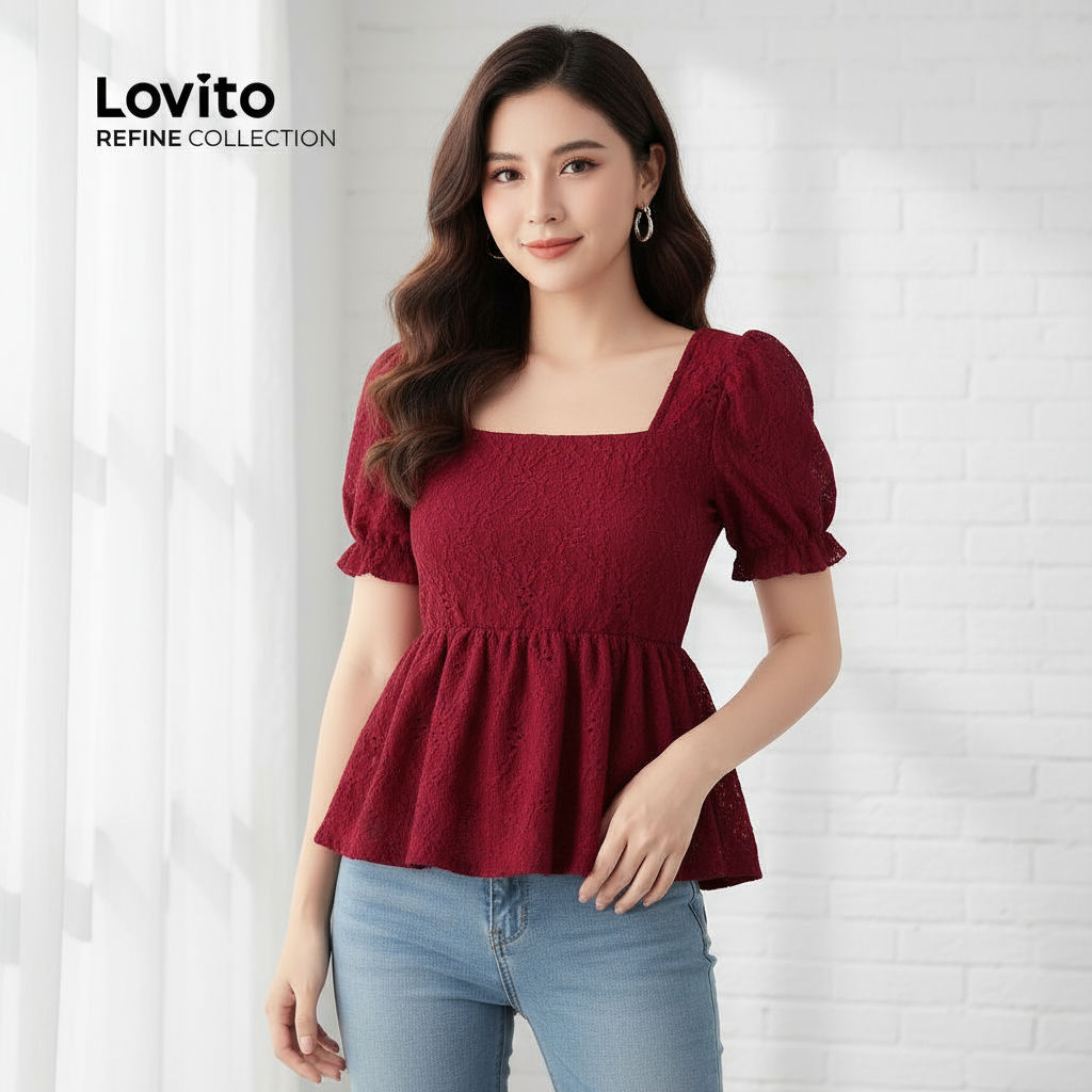 Lovito (Lovito Refine) Áo Nữ Boho Lễ Hội Thêu Lỗ Viền Lá Áo Đỏ Xuân Hè LR21E014