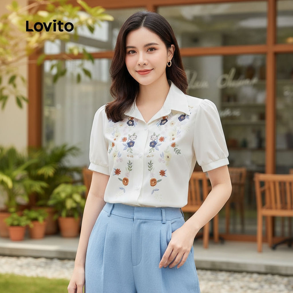 Lovito áo sơ mi nữ mùa xuân hè trắng thanh lịch L157LD153