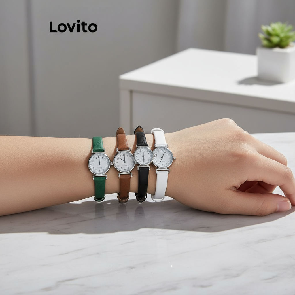 Đồng hồ nữ Lovito L63AD288 dây da trơn đơn giản, màu sắc đa dạng (nâu, trắng, xanh lá, đen)