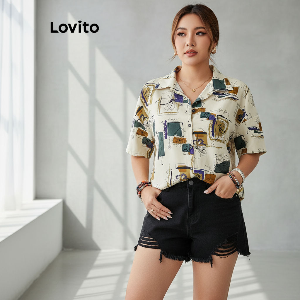 Lovito Áo Sơ Mi Tay In Hình Size Lớn Thời Trang Cho Nữ LBL20297
