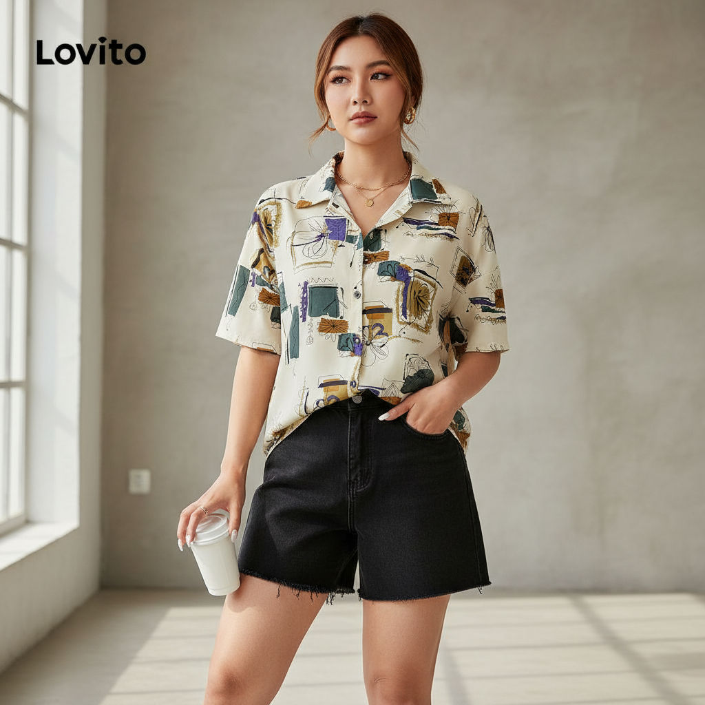 Lovito Áo Sơ Mi Tay In Hình Size Lớn Thời Trang Cho Nữ LBL20297