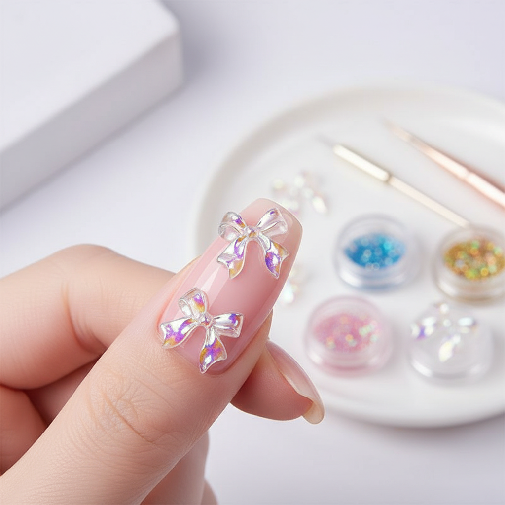 50PCS nơ charm cho móng, thiết kế 3D Aurora nơ dễ thương cho đồ dùng làm móng, nơ acrylic trắng cho 