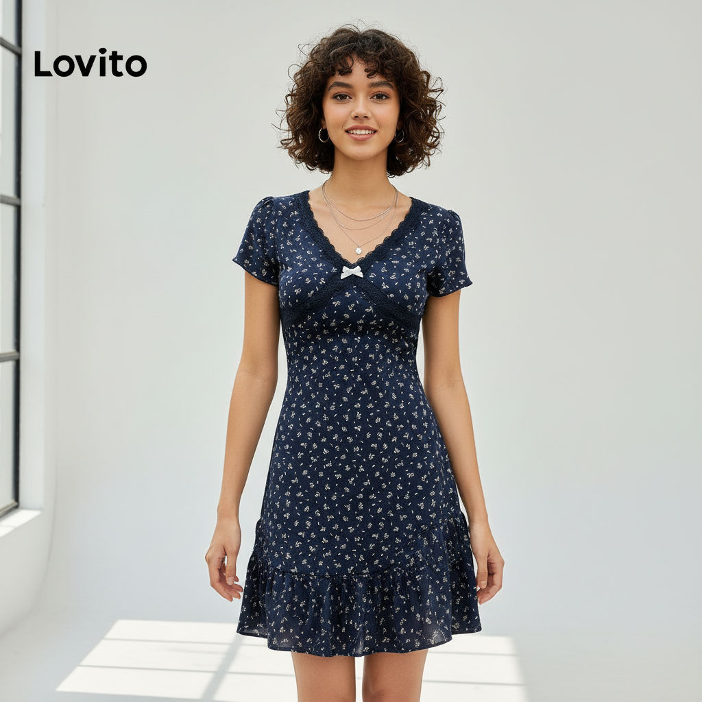 Đầm nữ Lovito cổ nơ, xếp ly họa tiết hoa nhí, phong cách hàng ngày L177AD879