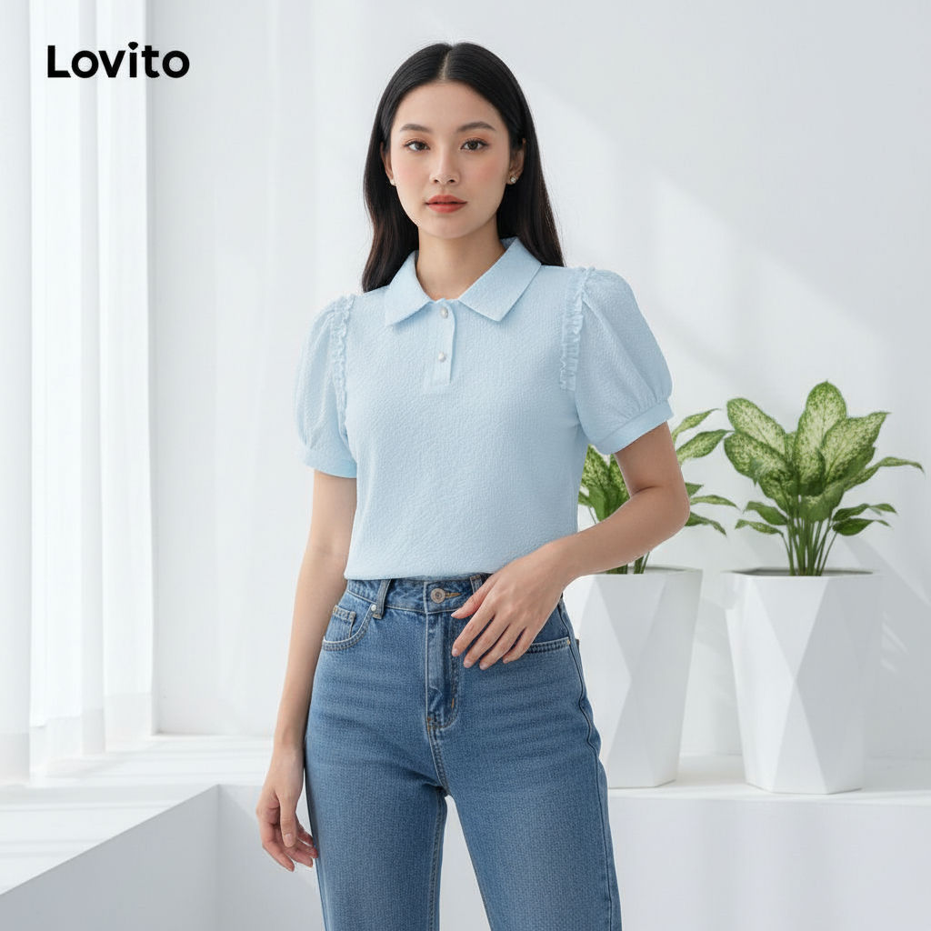 Lovito Áo kiểu đơn giản Viền lá trơn Áo nữ cài nút L68ED018 (Nhiều màu)