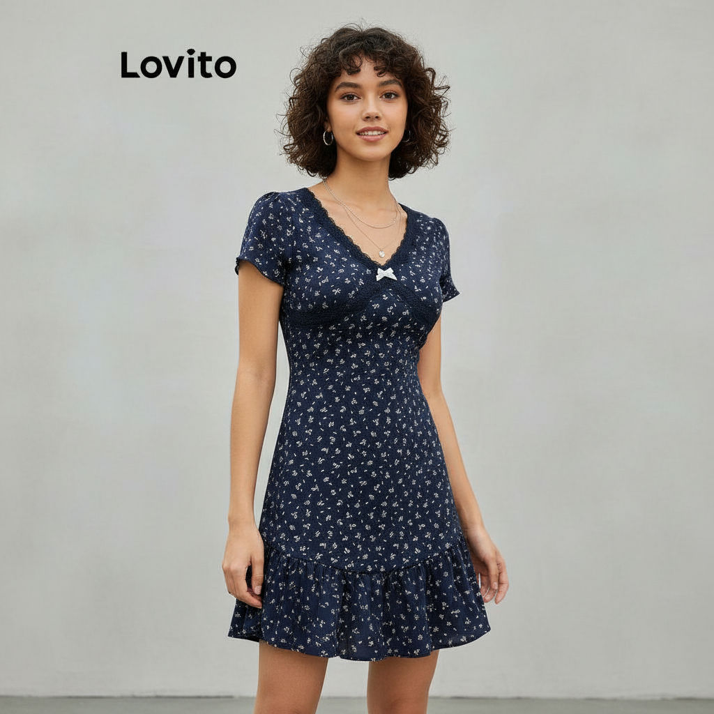 Đầm nữ Lovito cổ nơ, xếp ly họa tiết hoa nhí, phong cách hàng ngày L177AD879
