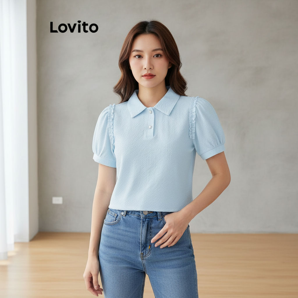 Lovito Áo kiểu đơn giản Viền lá trơn Áo nữ cài nút L68ED018 (Nhiều màu)