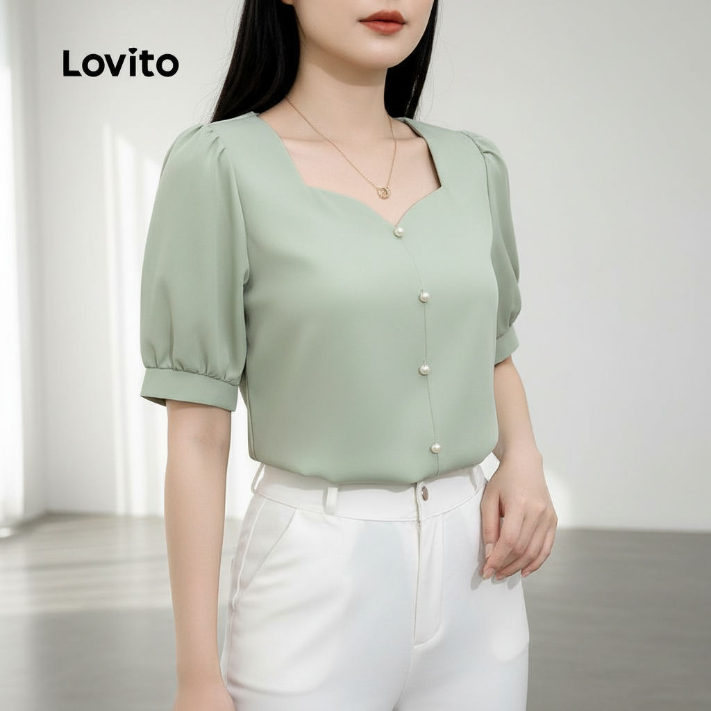 Lovito thanh lịch Áo sơ mi nữ Lovito trơn cài nút phong cách trang nhã L133ED943