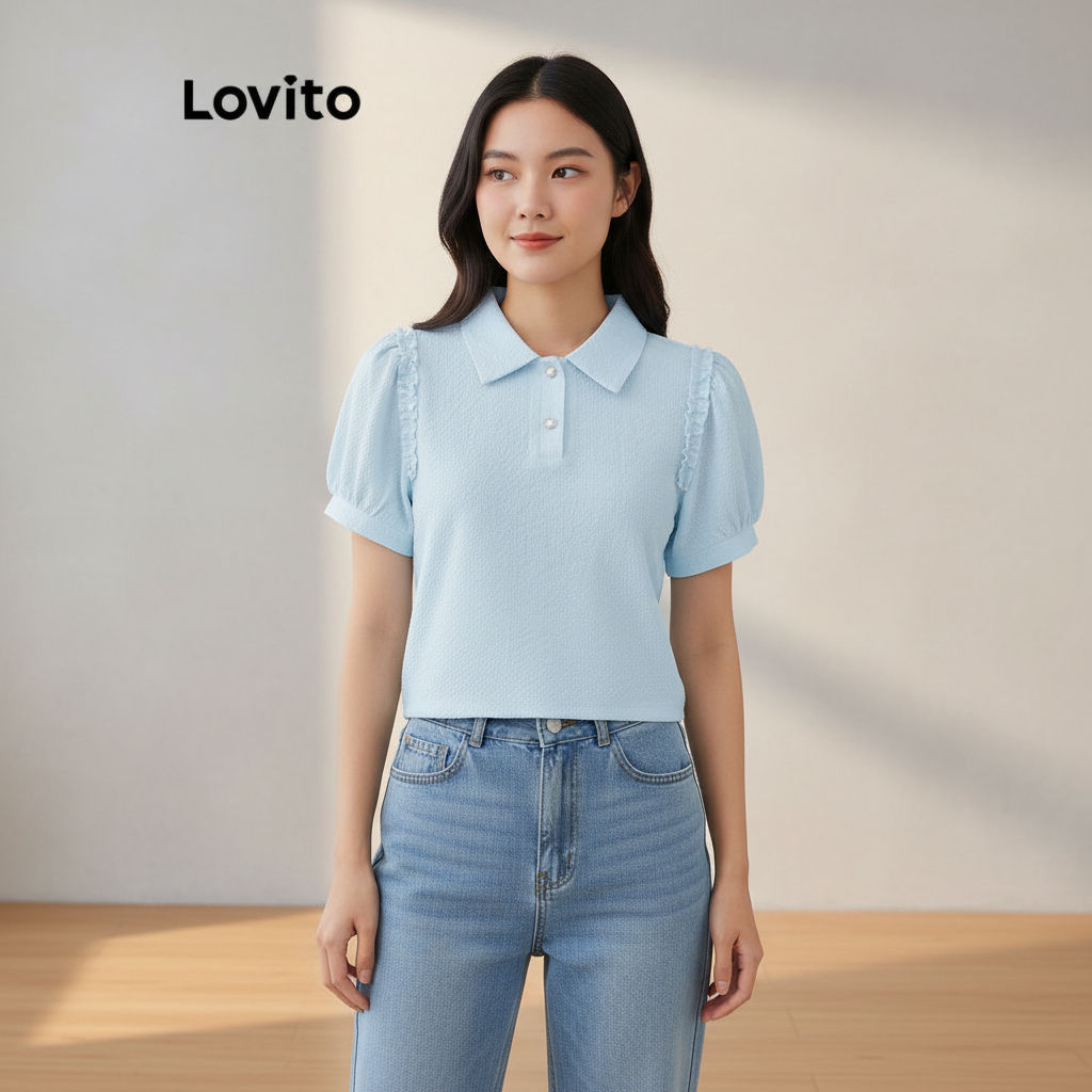 Lovito Áo kiểu đơn giản Cài nút viền rau diếp Áo nữ L68ED018 (Nhiều màu)