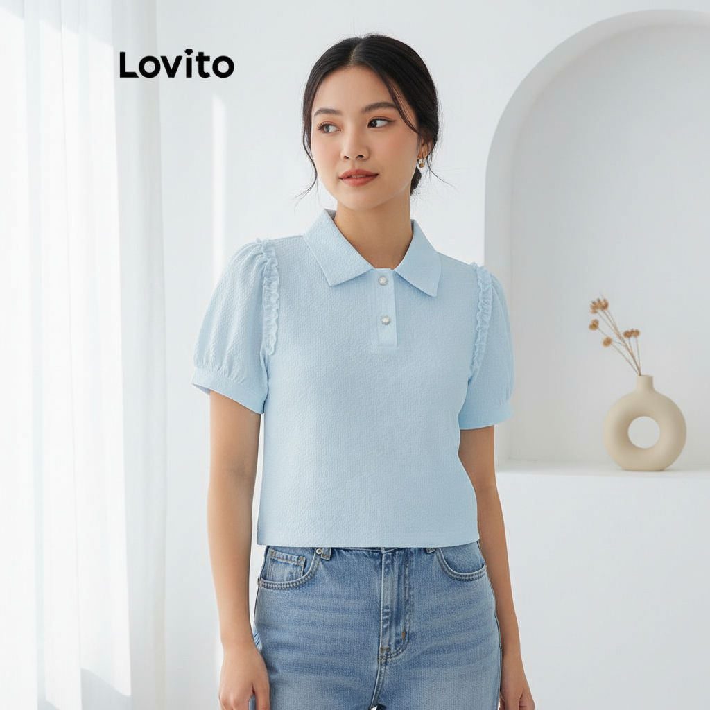 Lovito Áo kiểu đơn giản Cài nút viền rau diếp Áo nữ L68ED018 (Nhiều màu)