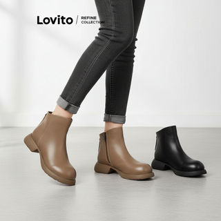 Giày boot nữ Lovito mũi tròn chất liệu da mềm phong cách thường ngày màu trơn LFA50170