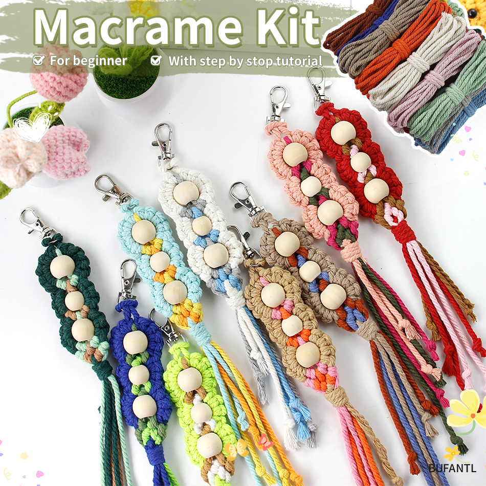 Bộ dụng cụ đan móc khóa hạt gỗ DIY bằng polyester, mặt dây chuyền điện thoại handmade, tua rua, bùa 