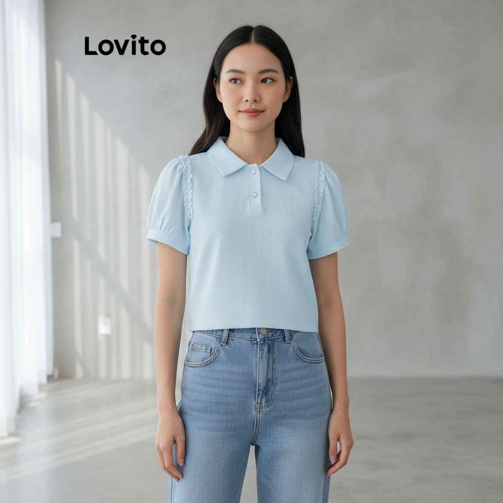 Lovito Áo kiểu đơn giản Cài nút viền rau diếp Áo nữ L68ED018 (Nhiều màu)