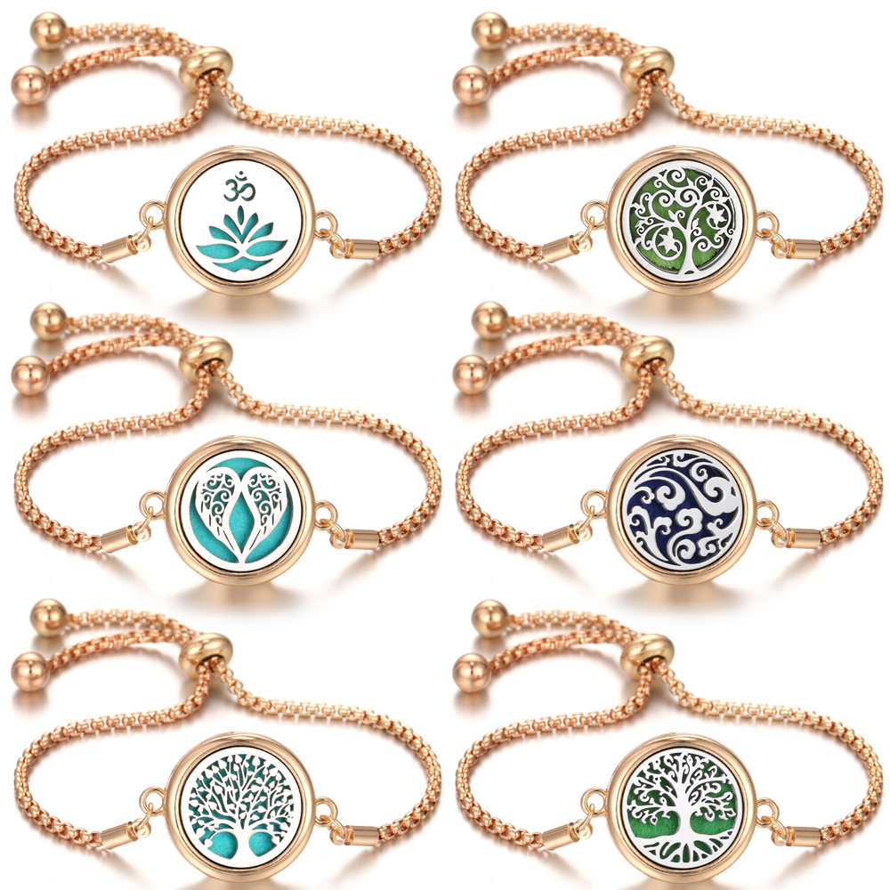 Vòng tay khuếch tán tinh dầu màu vàng Gold Color Aromatherapy Diffuser Bracelet Bangle Golden Tree o