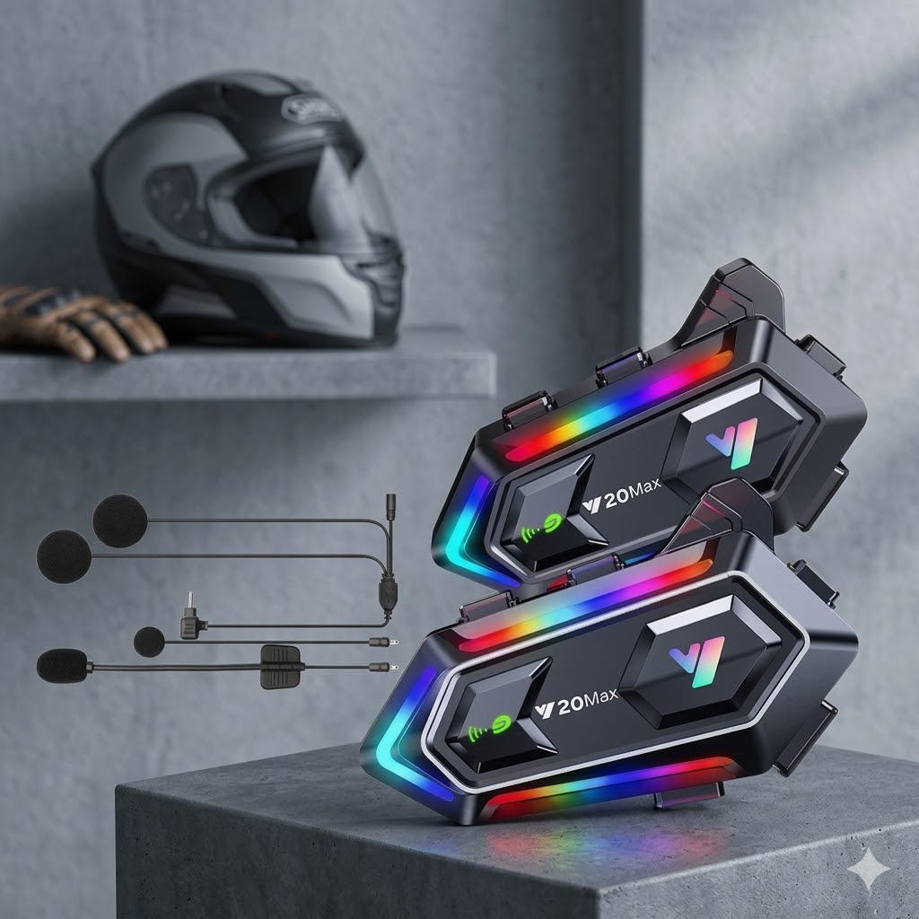 Tai nghe Bluetooth gắn mũ bảo hiểm xe máy Y20 MAX, Intercom RGB, pha ánh sáng, V5.3, pin 1000mAh