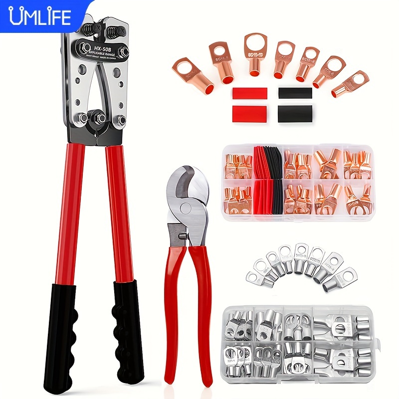 Bộ dụng cụ ép đầu cốt cáp pin kèm cắt, 60 đầu cốt, ống co nhiệt; Kìm ép cho dây 6-50mm2 AWG 8-1/0