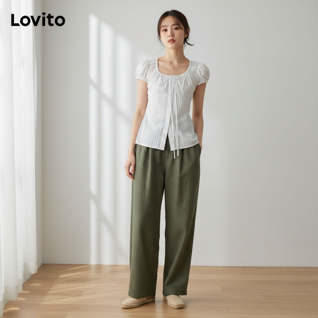 Lovito Áo sơ mi phối ren trơn đơn giản nữ L85AD028 (Nhiều màu)