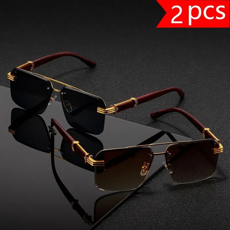 2 Kính mát nam gọng vuông không viền phong cách retro - Bảo vệ UV, nhẹ, gọng vân gỗ