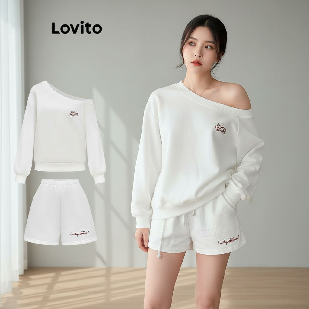 Bộ quần short nữ Lovito không đối xứng thêu màu trơn phong cách hàng ngày L110AD068