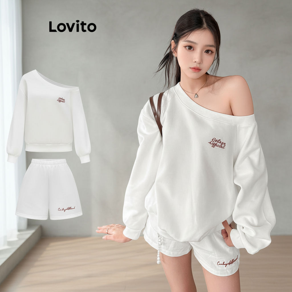 Bộ quần short nữ Lovito không đối xứng thêu màu trơn phong cách hàng ngày L110AD068