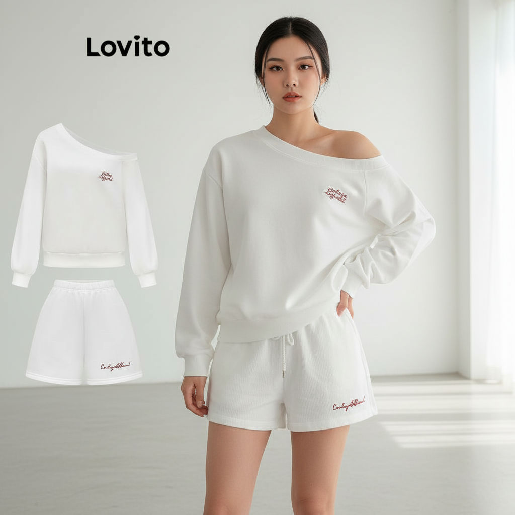 Bộ quần short nữ Lovito không đối xứng thêu màu trơn phong cách hàng ngày L110AD068