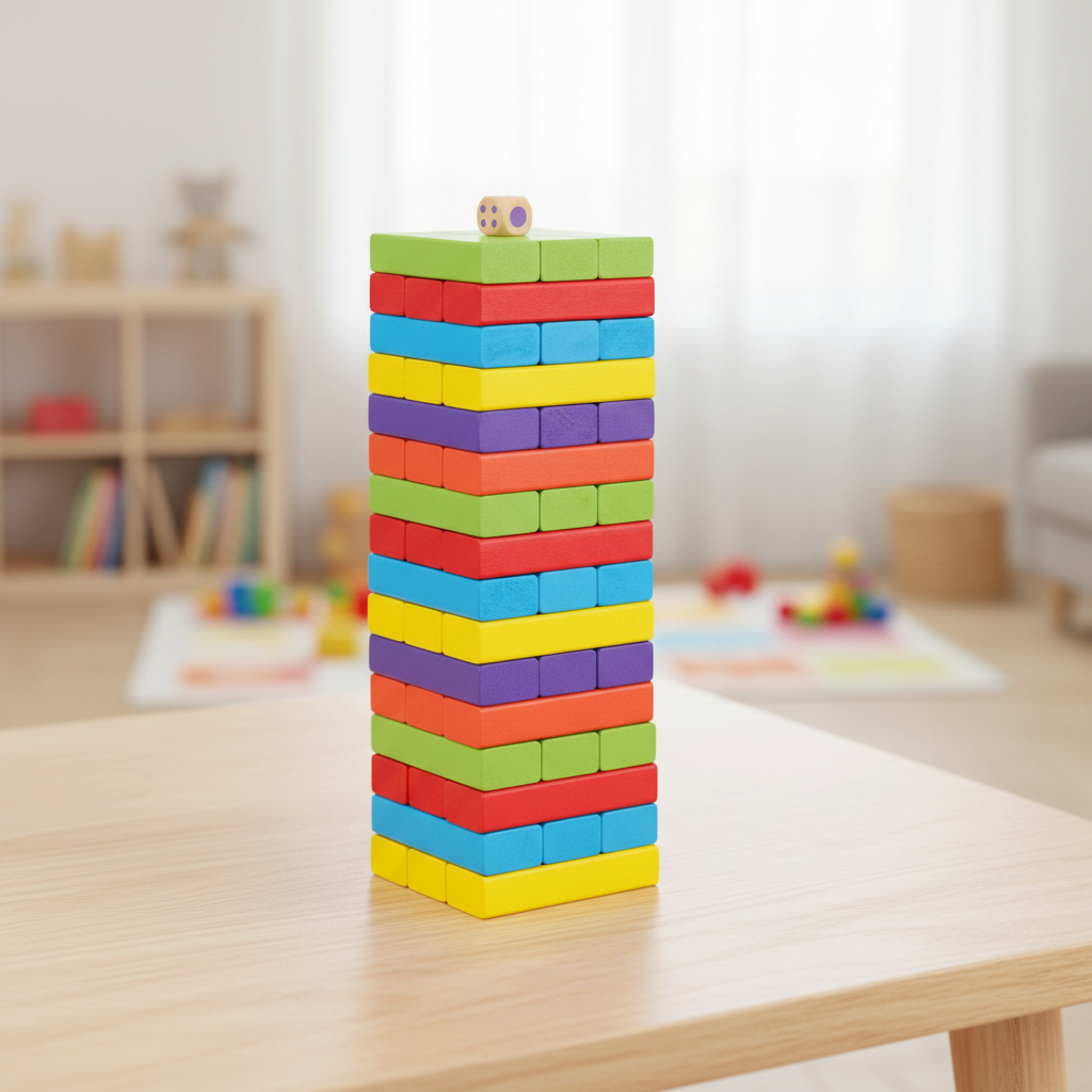 Bộ Jenga gỗ lớn màu sắc, 54 miếng, trò chơi gia đình cho trẻ nhỏ, trẻ em và thiếu nhi, quà sinh nhật