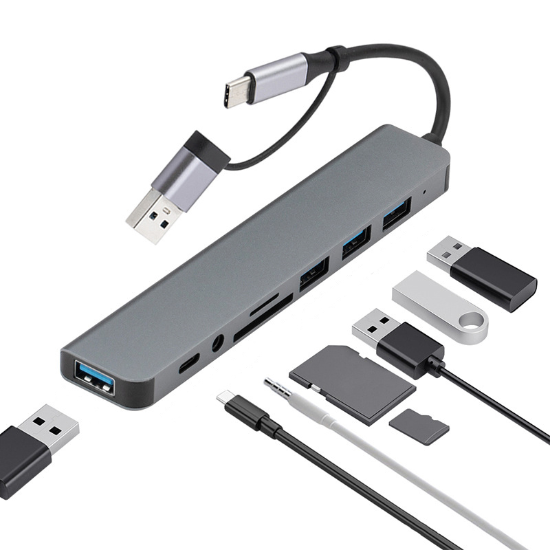 Đầu đọc thẻ TF/SD USB HUB 2 đầu 8 trong 1 tốc độ cao Type C 3.5mm cho laptop/máy tính bàn