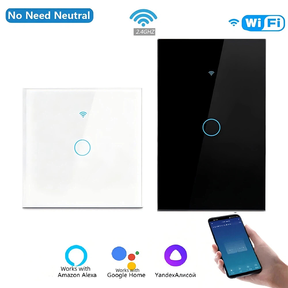 Công tắc đèn thông minh WIFI mới, bảng cảm ứng kính USA/EU, điều khiển không dây bằng giọng nói qua 