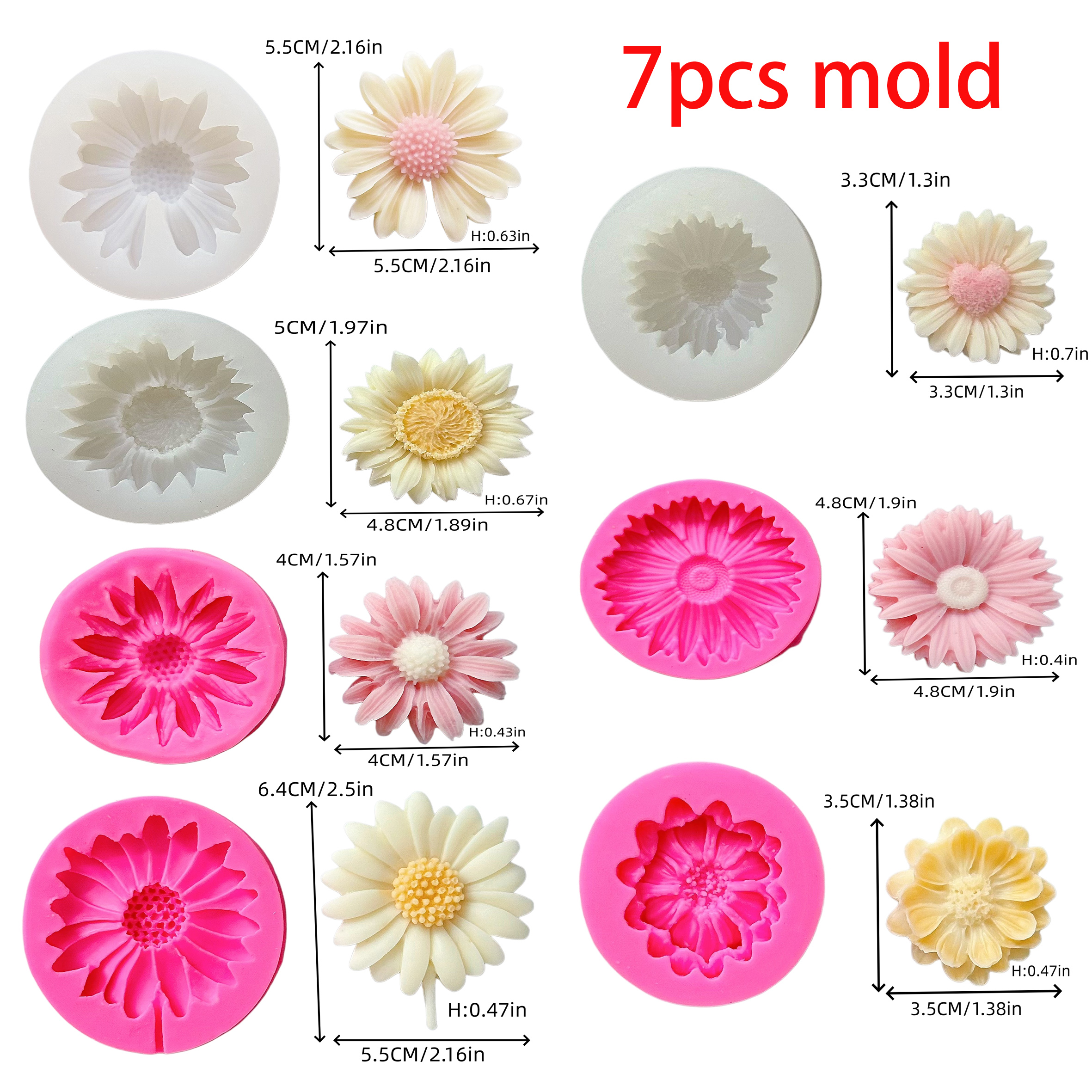 Khuôn nến silicon hoa cúc 7 cái, khuôn silicon tự làm nến thơm xà phòng resin