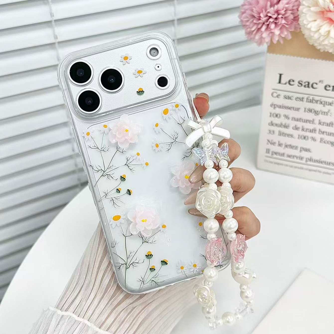 Vỏ điện thoại TPU chống rơi, dây chuyền sơn trắng phủ nhung mềm, có phụ kiện sticker, phù hợp cho Ap