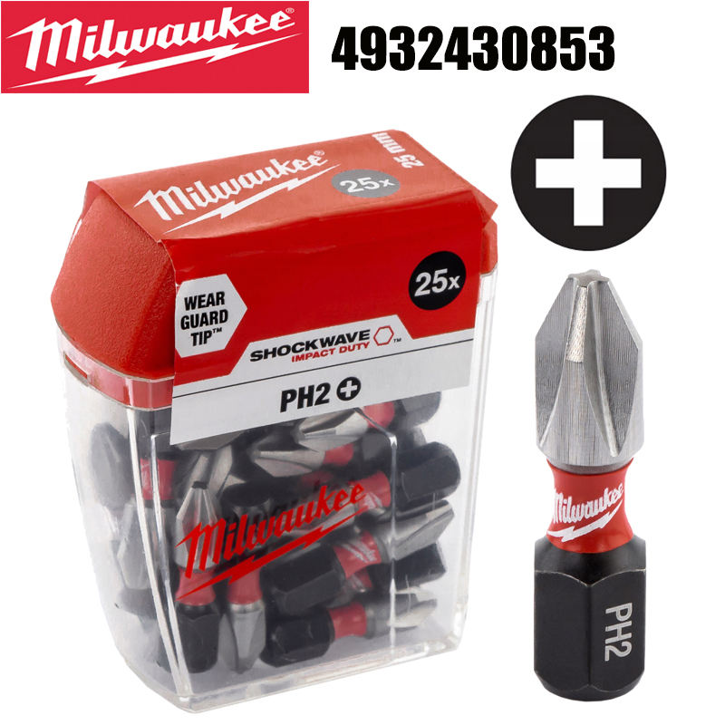 25 đầu vít MILWAUKEE SHOCKWAVE Impact Bits, PH2 25mm, độ cứng tối ưu, bộ 25 cái, 4932430853