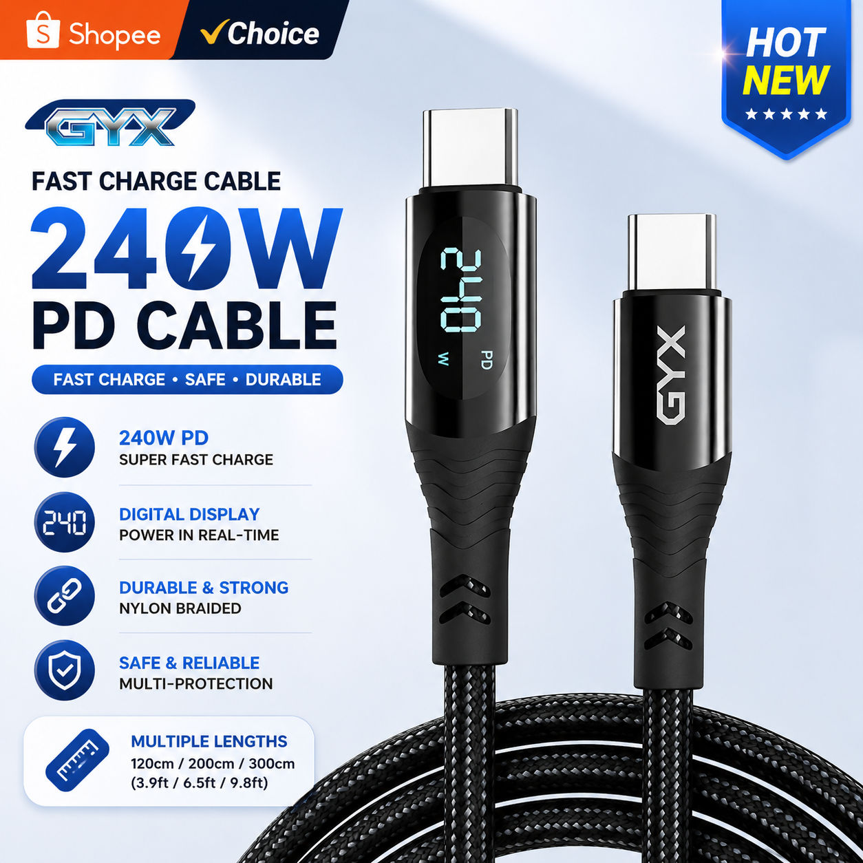 Cáp sạc nhanh 240W & 6A nylon bện, hiển thị số công suất sạc cho Xiaomi Huawei