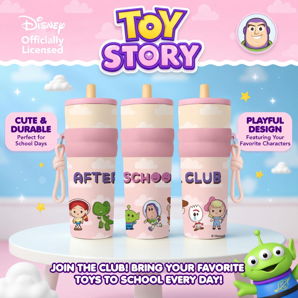 Disney Toy Story Cốc giữ nhiệt inox Woody, Buzz, Jessie, Alien có móc treo, di động, phù hợp dùng tr