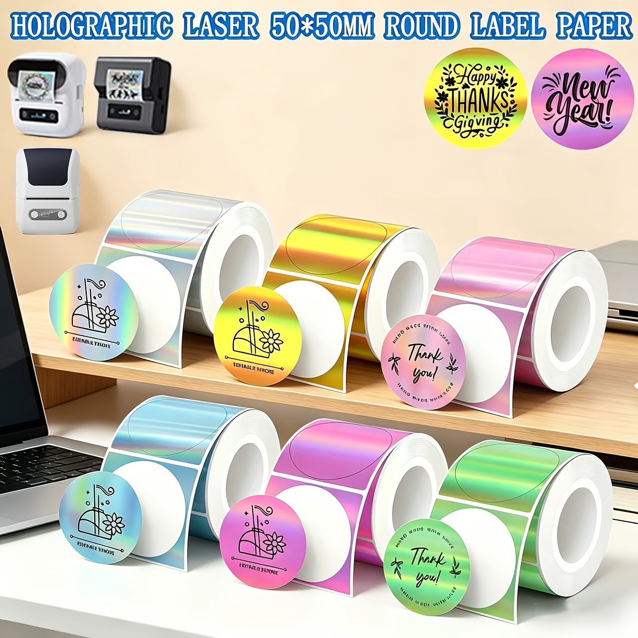 6 cuộn nhãn in nhiệt màu hologram: - Nhãn lưu trữ mã QR - Nhãn tròn 50 x 50 mm - Giấy nhãn nhiệt màu