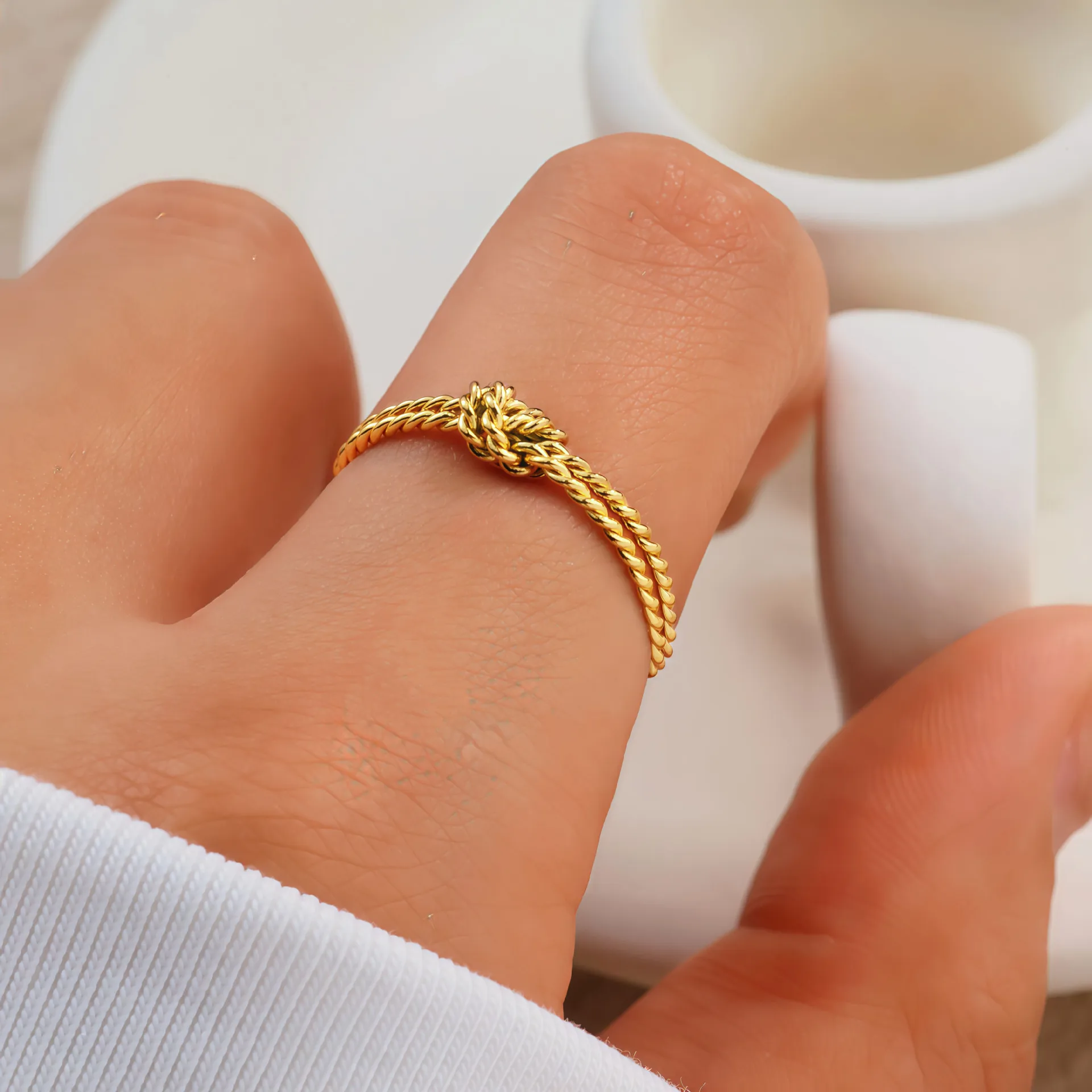 Nhẫn hở thiết kế thép không gỉ vàng J107 hình trái tim đôi, phong cách Âu Mỹ, phụ kiện thời trang nữ