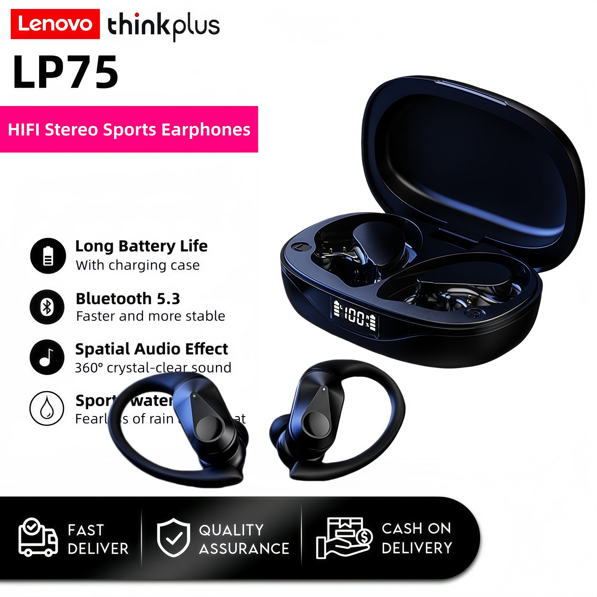 Tai nghe Lenovo LP75 Tai nghe thể thao chơi game chuyên nghiệp ENC Giảm tiếng ồn HiFi Bass LED Hiển 