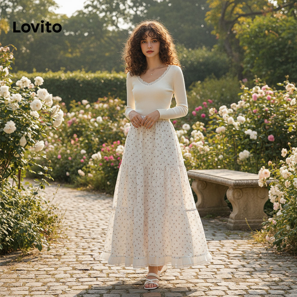 (Fashion_4) Lovito Váy thường ngày Váy xếp nếp hoa sang trọng dành cho nữ LNA60317