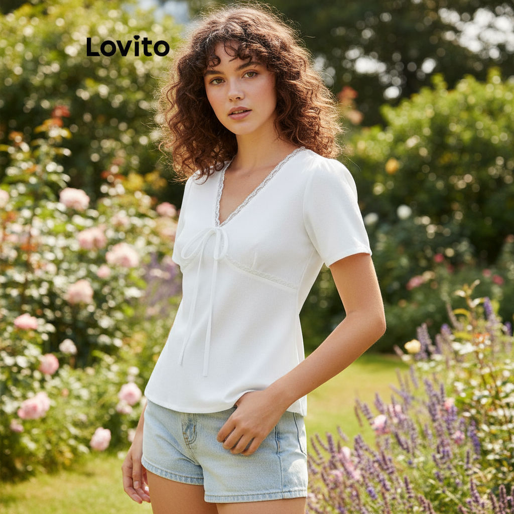 (trendy2)Lovito Áo Cánh Thanh Lịch Mùa Hè Cổ Bèo Nhún Buộc Dây Cho Nữ L120ED139