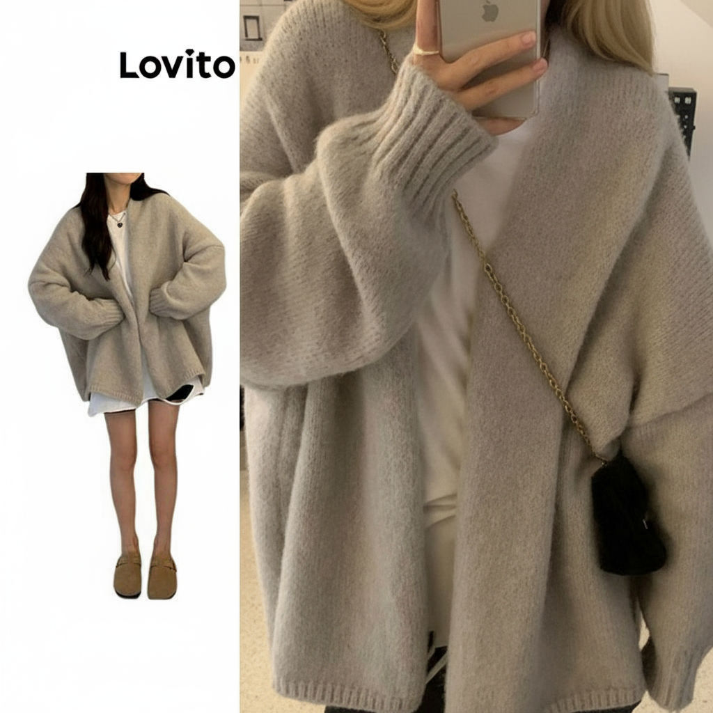 (Trendy2) Lovito Áo cardigan thông thường Áo cardigan cơ bản trơn dành cho nữ LNE27050 (Xám nhạt)