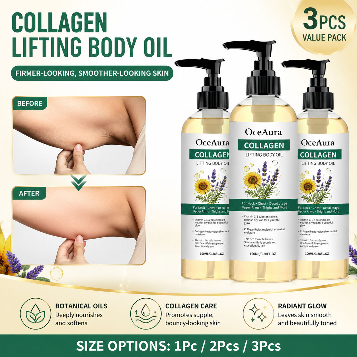 Dầu Dưỡng Thể Collagen Chuyên Nghiệp (1 lọ/2 lọ/3 lọ) với Vitamin C & E cho Da Hàng Ngày Dưỡng Ẩm & 