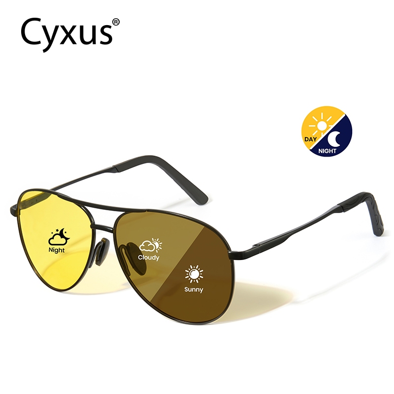 Kính râm Cyxus Aviator Photochromic Phân cực UV400 Khung kim loại Kính lái xe Unisex