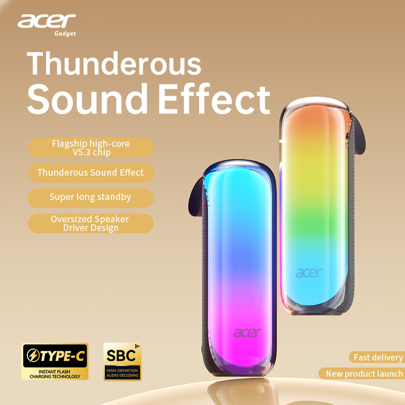 Loa ngoài trời Bluetooth 5.3 Acer OSK253, driver 45mm, âm bass HiFi, phạm vi 10m, sạc Type-C
