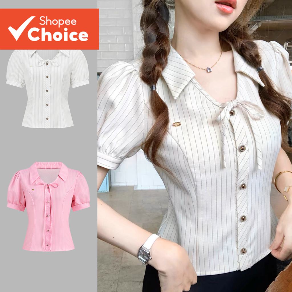 Lovito Áo sơ mi nữ dễ thương họa tiết sọc cài nút kim loại L110AD044