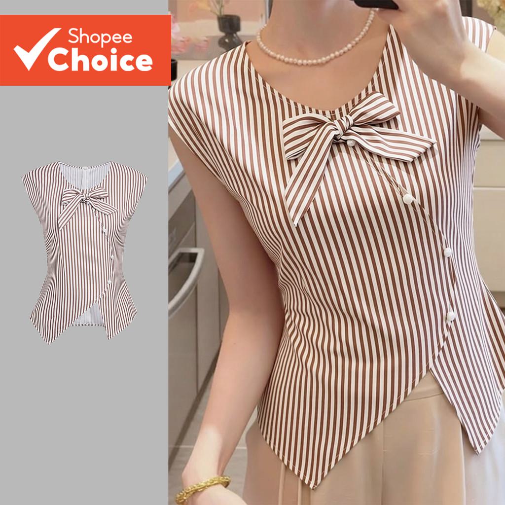 Lovito Áo sơ mi nữ thường ngày kiểu lệch nơ, áo sơ mi xuân/hè LK3ED044
